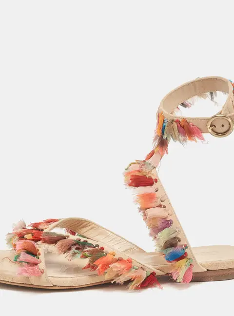Chloe Multicolor Suede and Silk Tassel Liz Flat Sandals Size 36