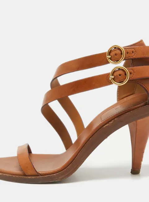 Chloe Brown Leather Double Ankle Strap Niko Sandals Size 38