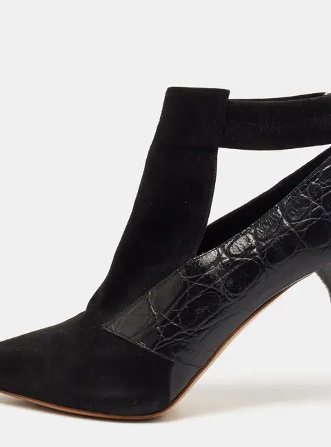 Chloe Black Croc Embossed Leather and Suede Ankle Length Boots Size 36