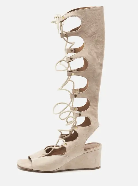 Chloe Beige Suede Gladiator Wedge Ankle Wrap Sandals Size 36.5