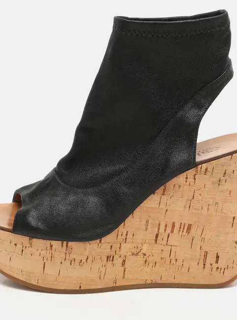 Chloe Black Leather Cork Wedge Cut Out Boots Size 38.5