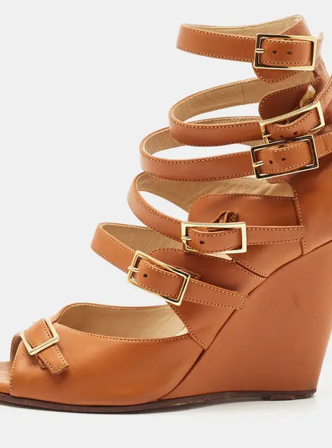 Chloe Brown Leather Strappy Buckle Wedge Sandals Size 36.5