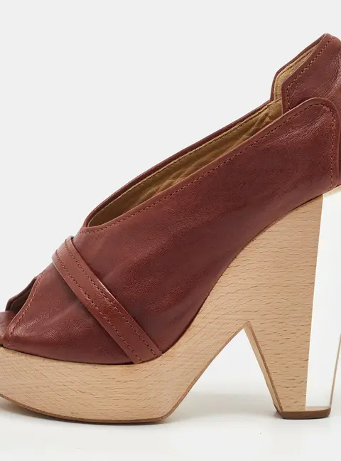 Chloe Brown Leather Lucite and Wood Chunky Heel Platform Pumps 37.5