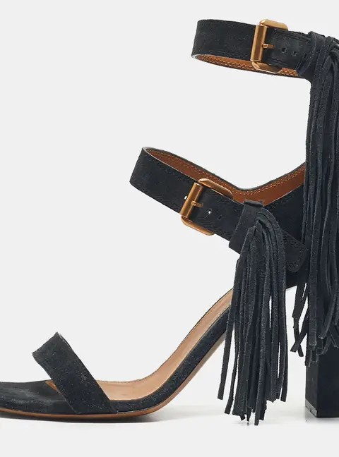 Chloe Navy Blue Suede Fringe Detail Ankle Strap Sandals Size 40.5
