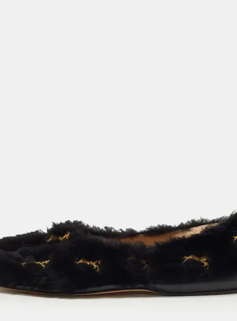 Chloe Black Fur Horse Embroidered Ballet Flats Size 37