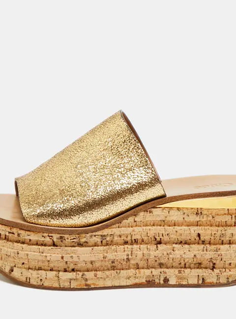 Chloe Size 37 Gold Foil Leather Cork Wedge Sandals