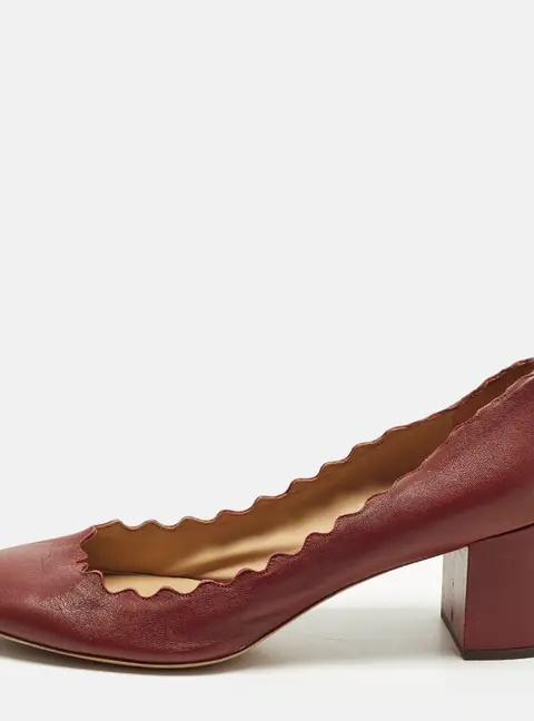 Chloe Size 38.5 Burgundy Leather Lauren Scallop Trim Block Heel Pumps