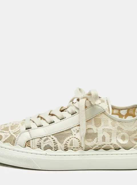 Chloe Lauren Size 40 Cream Lace and Leather Lace Up Sneakers
