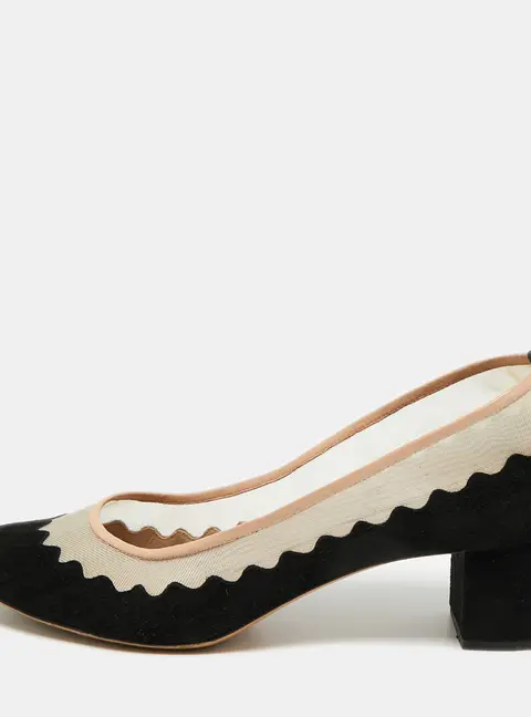 Chloe scalloped Size 39 Black/Beige Mesh and Suede Block Heel Pumps