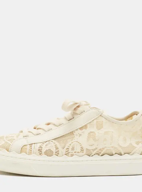 Chloe Lauren Size 42 Cream Lace and Leather Low Top Sneakers