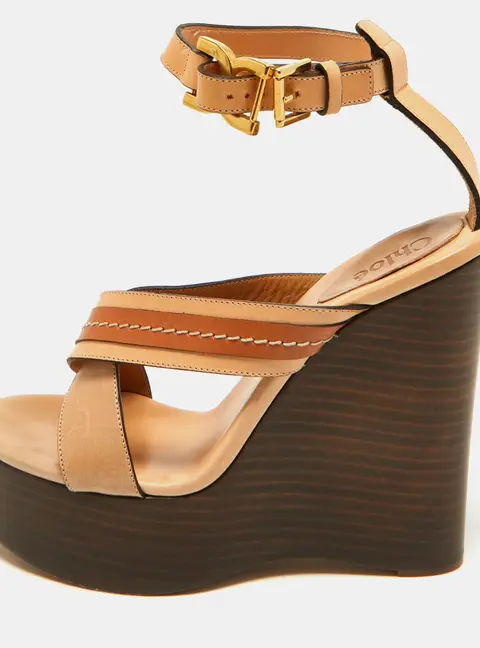 Chloe Size 36.5 Brown/Beige Leather Wedge Sandals