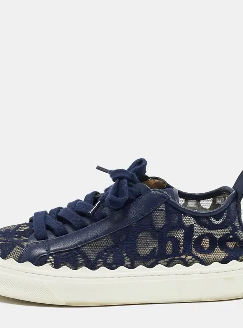 Chloe Lauren Size 38 Navy Blue Lace and Leather Low Top Sneakers