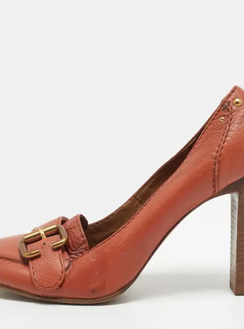 Chloe Size 41 Orange Leather Buckle Block Heel Pumps