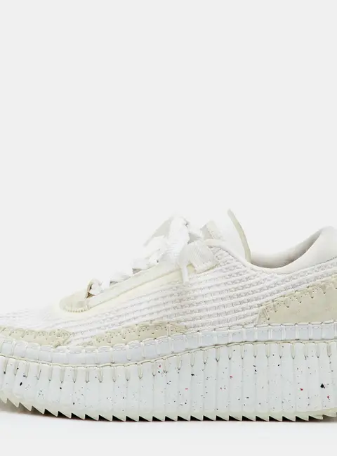 Chloe Nama Size 37 Off White/Cream Knit Fabric and Suede Low Top Sneakers