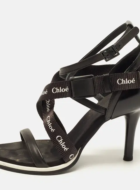 Chloe Size 37.5 Black Leather And Canvas Ankle Strap Sandals