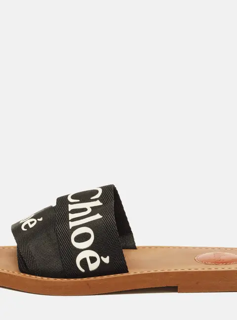 Chloe Woody Size 39 Black Canvas Logo Print Flat Slide