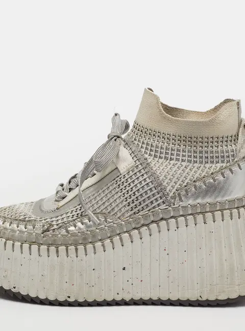 Chloe Nama Size 37 Grey Knit Fabric and Suede Wedge Sneakers