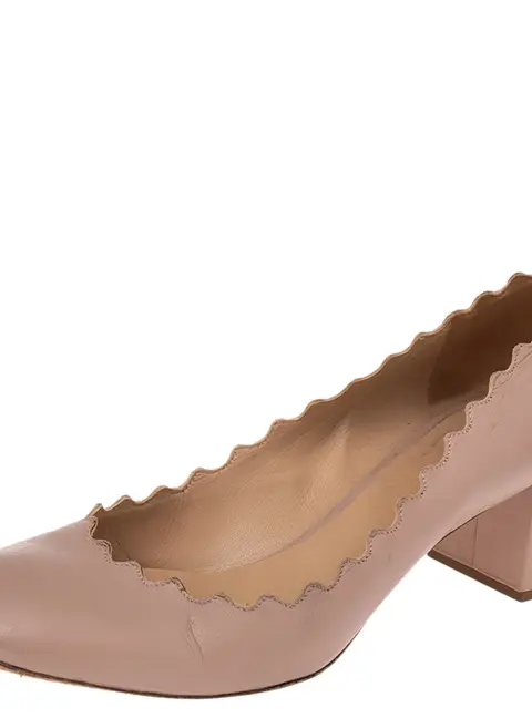 Chloe  Beige Leather Lauren Scallop Trim Block Heel Pumps Size 40.5
