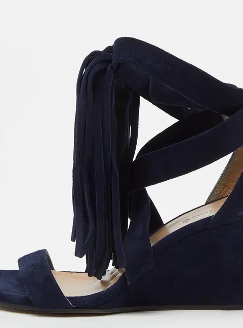 Chloe Navy Blue Suede Cross Strap Fringe Detail Wedge Sandals Size 36