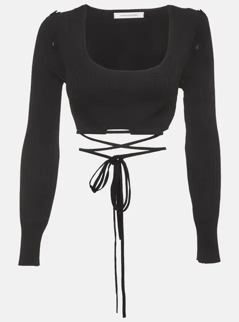 Christopher Esber Black Rib Knit Tie-Up Detail Crop Top XS