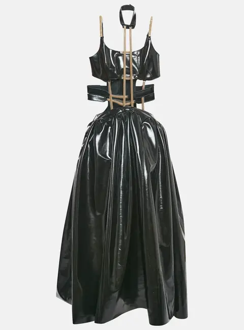 Christopher Kane Black Faux Leather Cut-Out Strap Detail Maxi Dress S