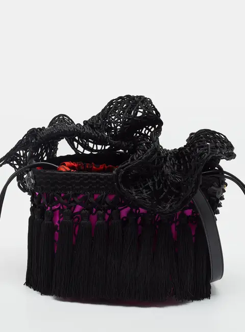 Christian Louboutin Flamencaba Pink/Black Embroidered Satin Bucket Bag