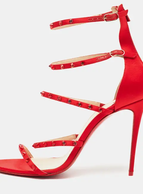 Christian Louboutin Size 39.5 Red Satin Crystal Embellished Strappy Sandals