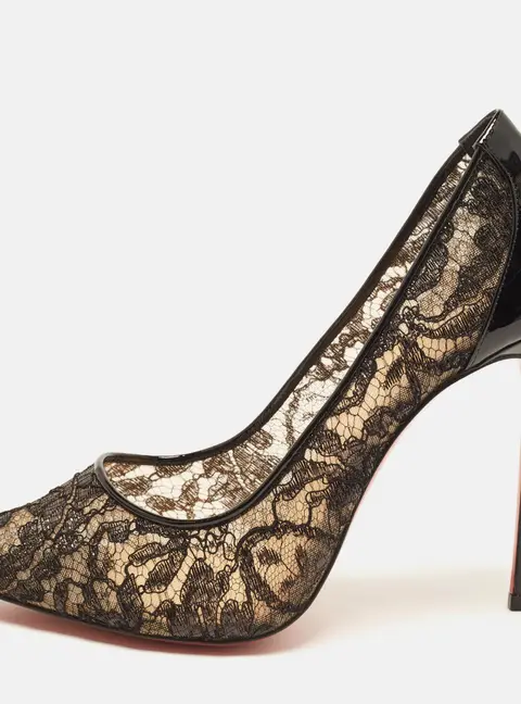 Christian Louboutin Follies Size 40 Black Lace and Patent Leather Pumps