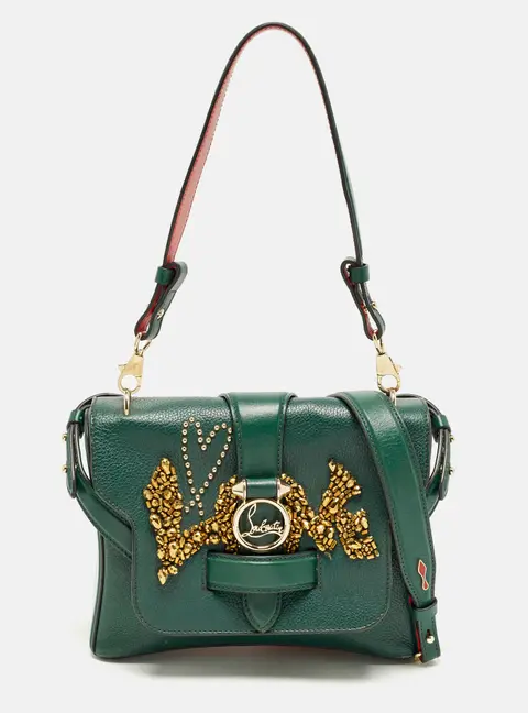 Christian Louboutin Rubylou Crystals Green Leather Flap Bag