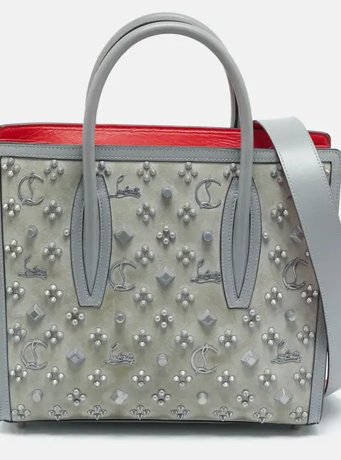 Christian Louboutin Paloma Spiked Medium Grey Suede and Leather Tote
