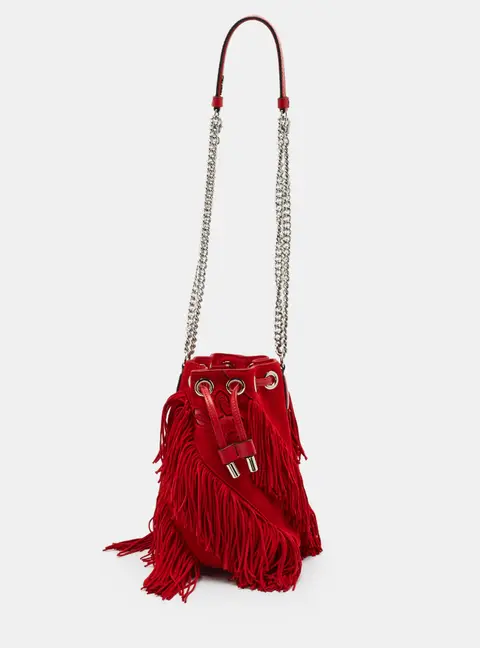 Christian Louboutin Fringe Marie Jane Red Leather and Suede Bucket Bag