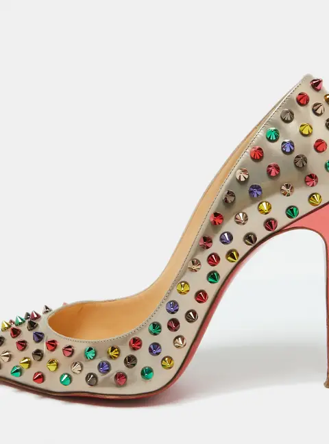Christian Louboutin Metallic Beige Leather Pigalle Spikes Pointed Toe Pumps Size 39