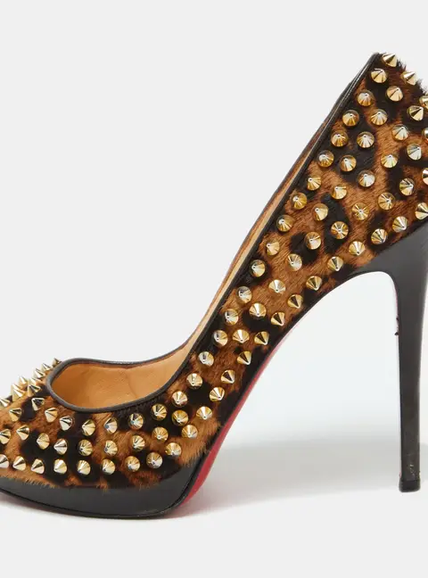 Christian Louboutin Leopard Print Calf Hair Yolanda Spikes Peep Toe Pumps Size 39