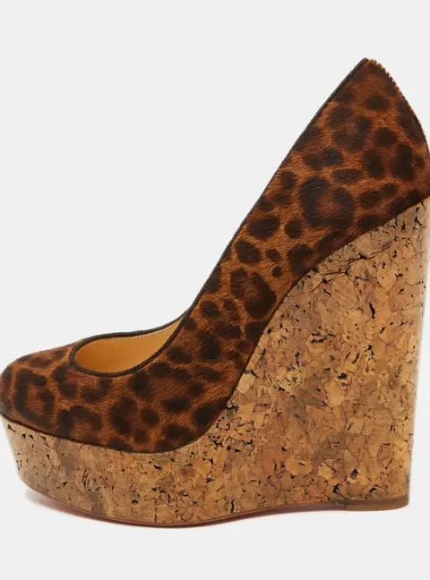 Christian Louboutin Brown Leopard Print Calf Hair Cork Wedge Platform Pumps Size 36