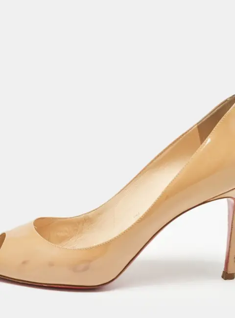 Christian Louboutin YouYou Size 38.5 Beige Patent Leather Peep Toe Pumps