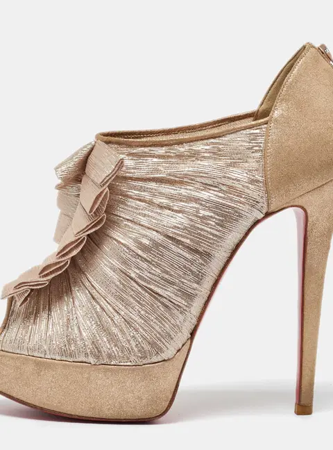 Christian Louboutin Gold/Beige Lurex Fabric and Suede Canon Booties Size 37