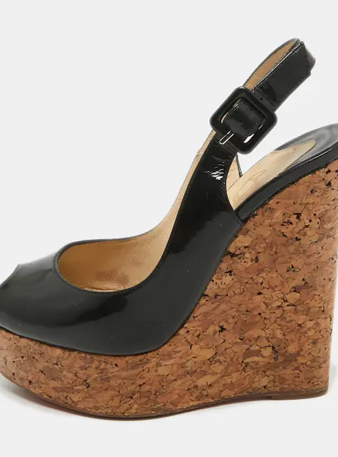 Christian Louboutin Black Patent Leather Une Plume Slingback Sandals Size 35