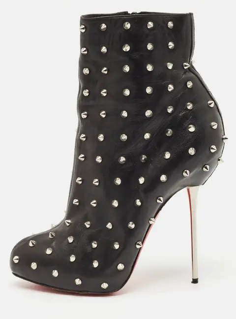 Christian Louboutin Black Leather Big Lips Spiked Ankle Boots Size 38.5