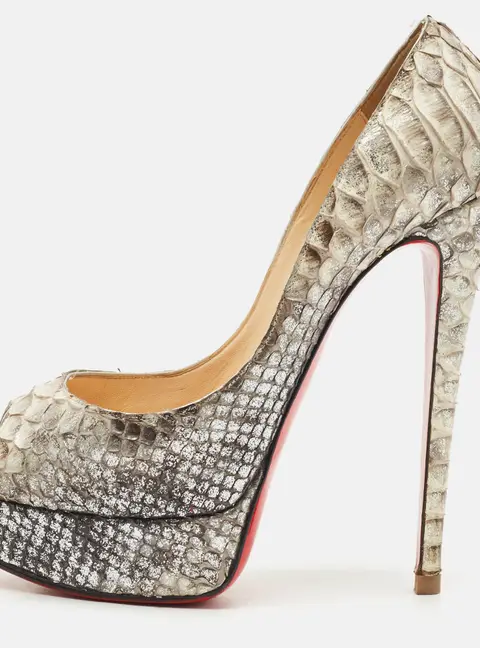 Christian Louboutin Metallic/Silver Python Leather Lady Peep Toe Platform Pumps Size 38.5