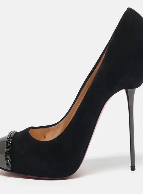Christian Louboutin Black Suede Chain Link Metal Cap Toe Platform Pumps Size 39.5