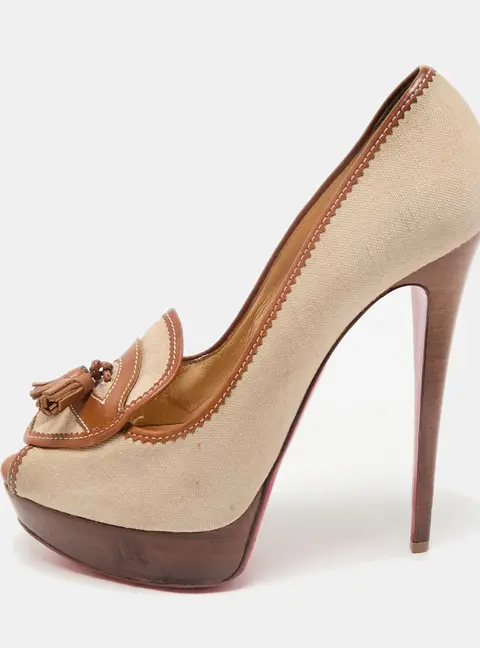 Christian Louboutin Beige/Brown Canvas and Leather Alta Campus Pumps Size 39.5