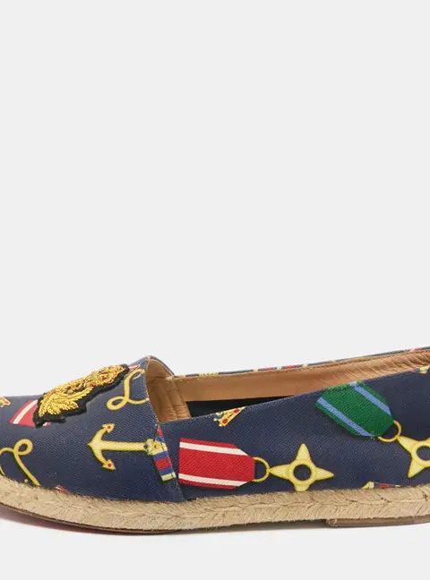 Christian Louboutin Navy Blue Medal Printed Canvas Galia Espadrille Flats Size 36