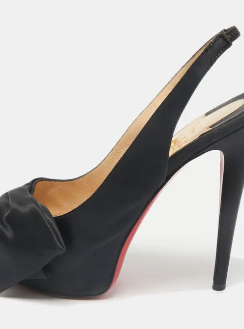 Christian Louboutin Black Satin Bow Peep Toe Platform Slingback Pumps Size 39.5
