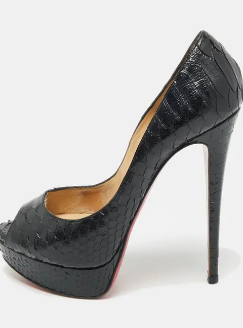 Christian Louboutin Lady Peep Size 38 Black Python Leather Peep Toe Pumps