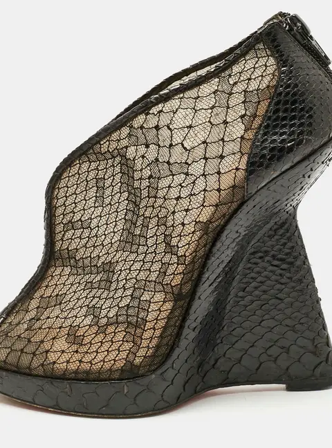 Christian Louboutin Janet Size 36 Black Lace, Mesh and Python Leather Wedge Pumps