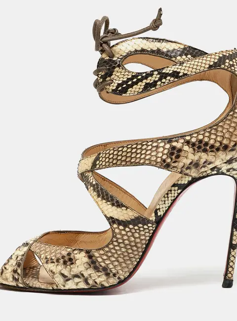 Christian Louboutin Brown/Beige Python Leather Ankle Strap Sandals Size 38.5