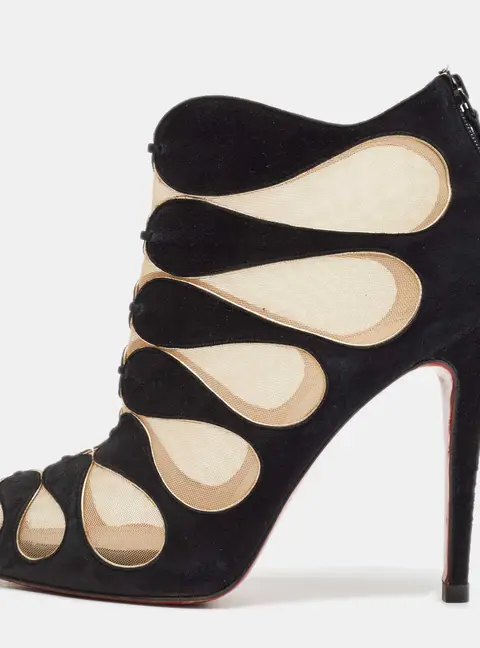 Christian Louboutin Black/Beige Suede And Mesh Circus Cutout Ankle Boots Size 38.5