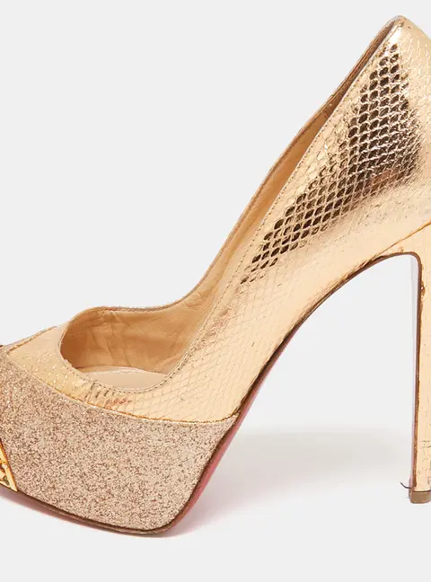 Christian Louboutin Gold Glitter & Snakeskin Embossed Leather Platform Pumps Size 35.5