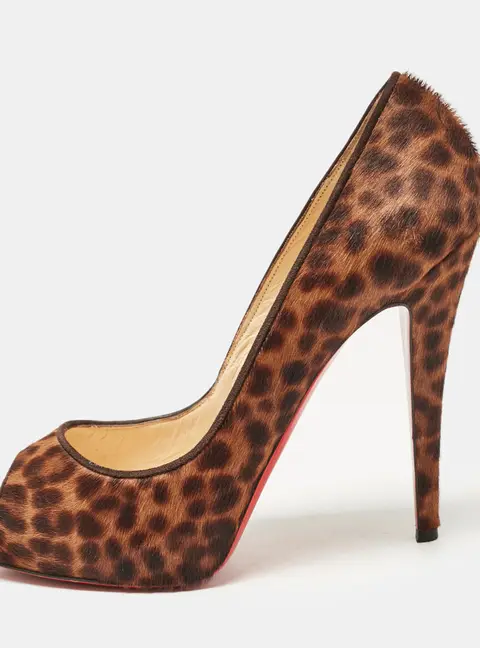 Christian Louboutin Brown Leopard Print Calf Hair Dorispiky Peep Toe Pumps Size 38