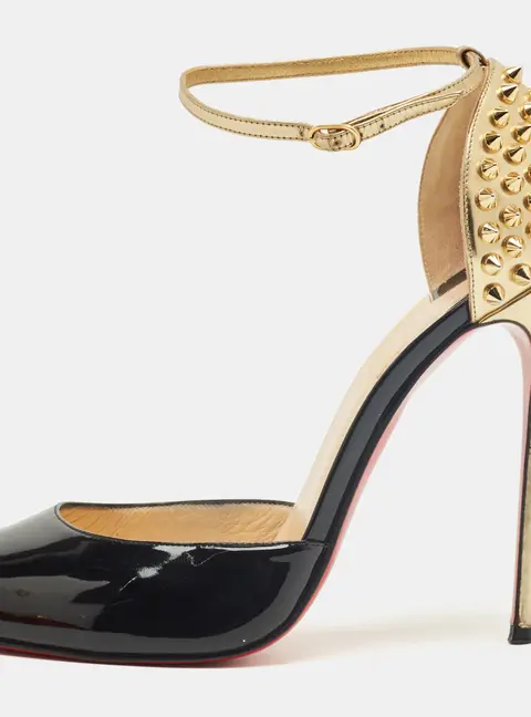 Christian Louboutin Black Patent and Leather Pina Spike Ankle Strap Sandals Size 38.5